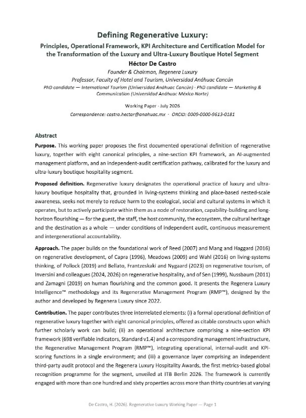 First page of the working paper “Defining Regenerative Luxury” by Héctor De Castro, July 2026, showing the title, author affiliations and the start of the abstract