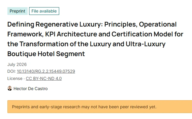 ResearchGate record of the preprint “Defining Regenerative Luxury”: preprint, file available, July 2026, DOI 10.13140/RG.2.2.15449.07529, licence CC BY-NC-ND 4.0, author Héctor De Castro